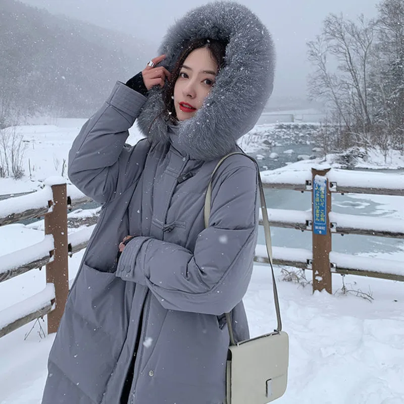 Women's Winter New Big Real Fur Hooded Middle And Long Korean Over Knee Fashion Elegant Horn Solid Parker White Duck Down Jacket