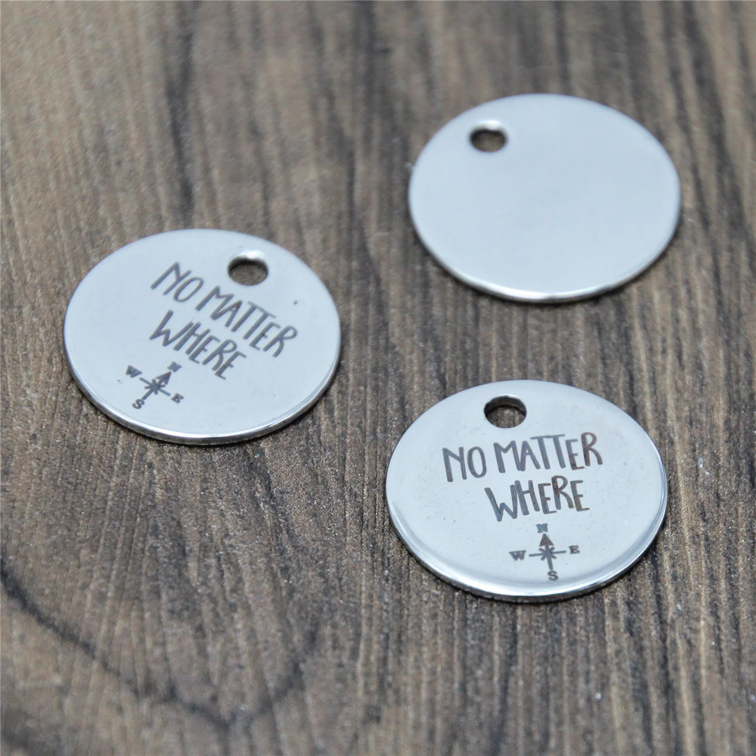 

10pcs/lot No Matter Where charm compass Inspirational Stainless steel disc message Charm pendant 20mm