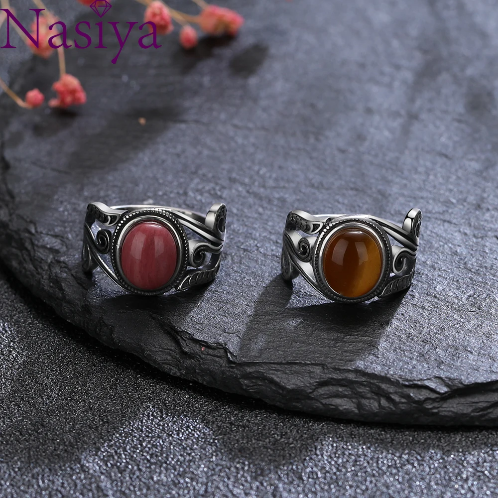 

Nasiya Vintage Finger Rings For Women Silver Jewelry 8x10MM Oval Tiger's Eye Rhodochrosite Stone Rings Wholesale Party Gift