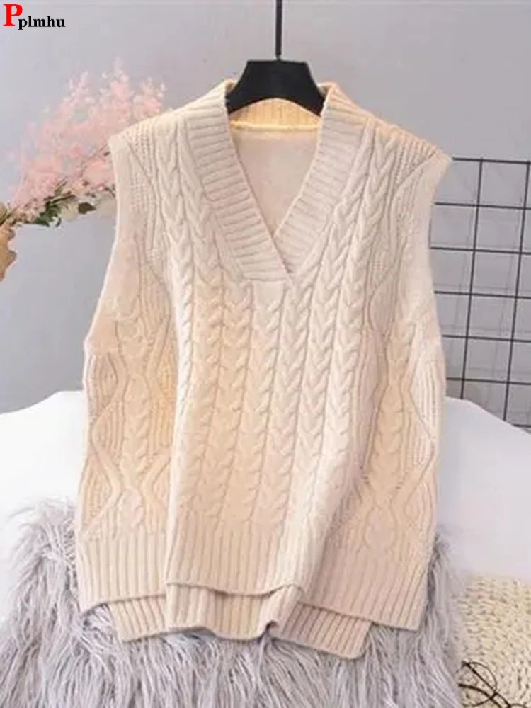 

Spring Fall Soft Knitwears Vest Solid Color Loose Waistcoat V-neck Casual Malhas Sleeveless Tops Woman Fashion Warm Colete