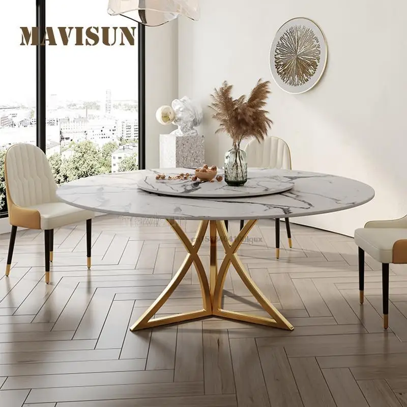 

Rock Board Round Table And Chair Combination Dining Table With Turntable And Stainless Steel Frame Restaurant Home Furniture