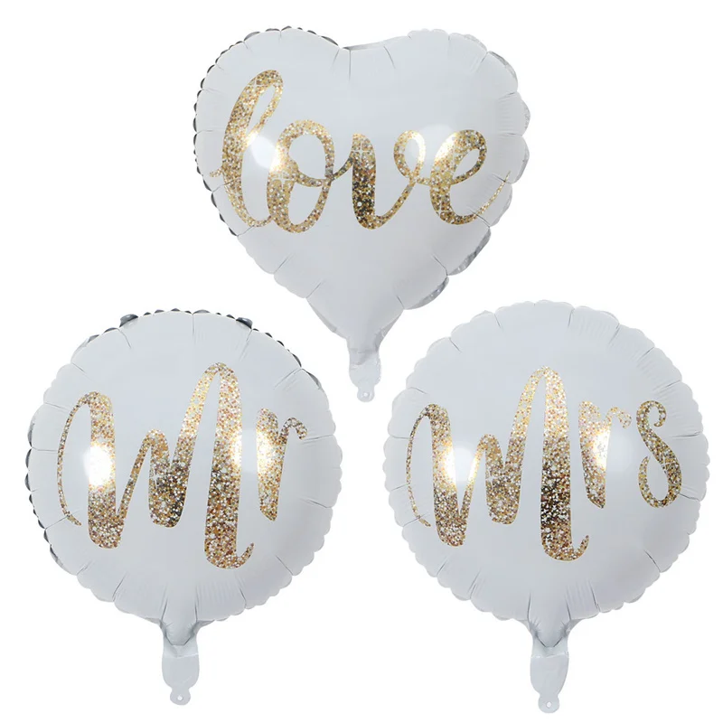 

18inch Round White Gold Glitter Print Mr&Mrs LOVE Foil Balloons Bridal Party Bride To Be Marriage Wedding Air Balloons Supplies