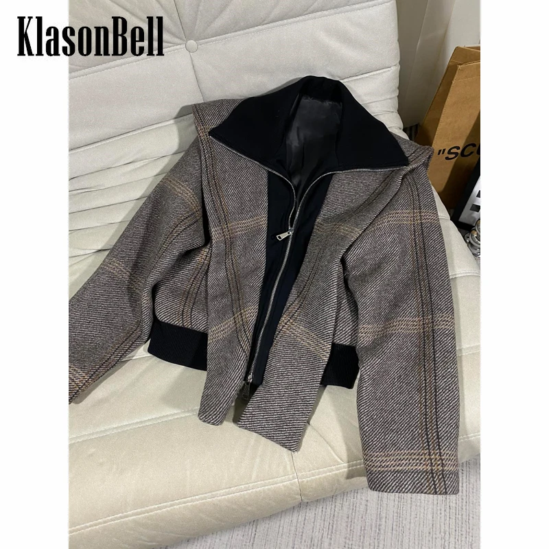 

11.18 KlasonBell Fashion Casual Fake Two Piece Long Sleeve Plaid Short Wool Jacket Women