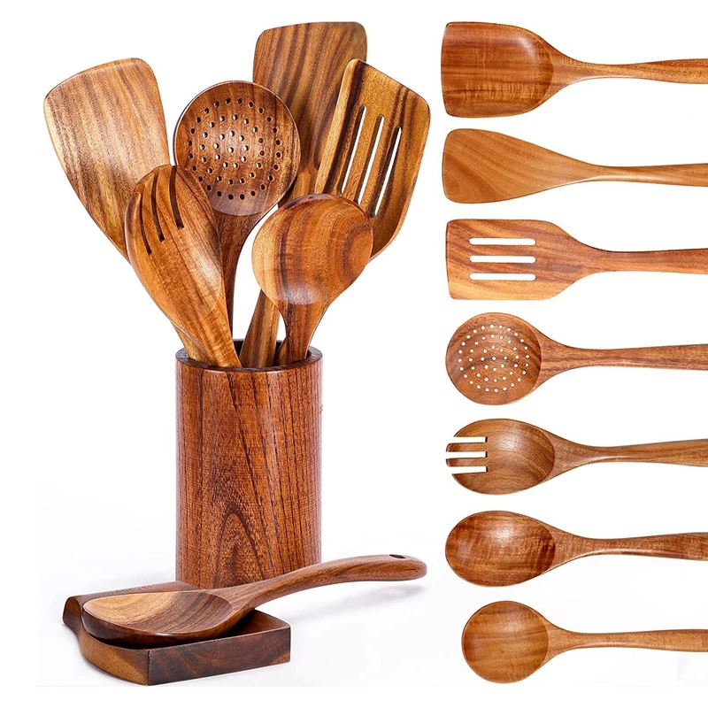 

9 PCS Wooden Spoons For Cooking, Wooden Utensils For Cooking With Utensils Holder, Teak Wooden Kitchen Utensils Set
