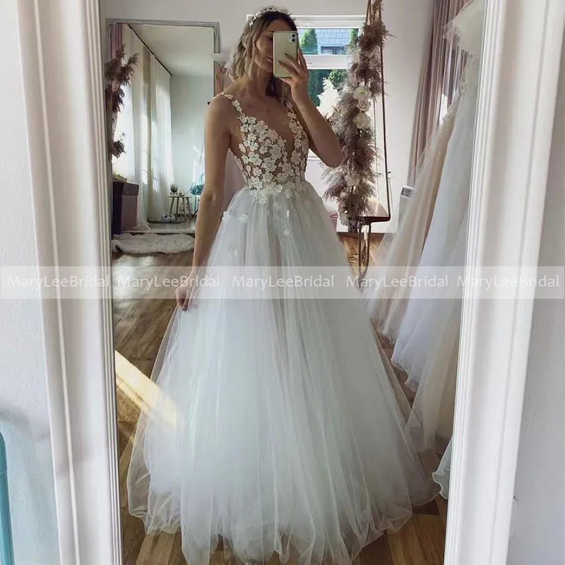 

Sexy Plunging V-neck Boho Wedding Dresses Illusion Flower Applique Sukienki White Tulle A-line Bridal Gowns 2022 Suknia ślubna