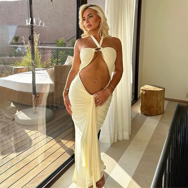 

Pareo Beach Bath Exits Women 2023 Dress Summer Cover Up New Pure Color Sexy Sleeveless Backless Neck Slim One Solid Spandex