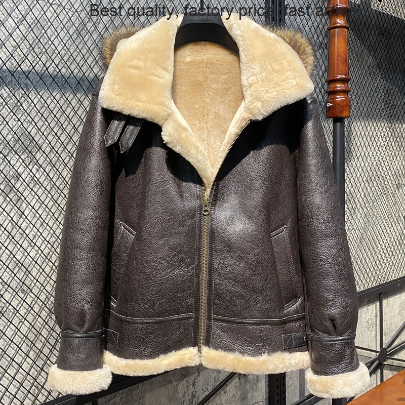 

High quality luxury brand Shearling Sheepskin Genuine Leather Coat Male Bomber Aviator Outerwear Trench Flight Men Thick Winter