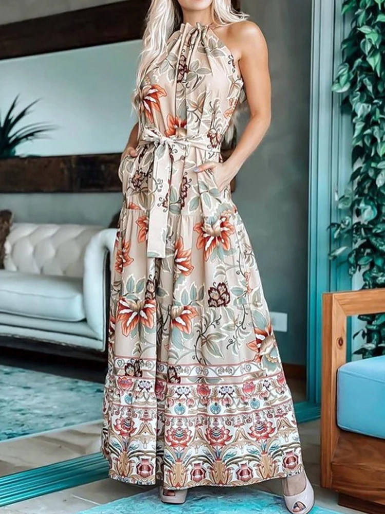 

2022 Women Fashion Halter Print Maxi Dress Sexy Sleeveless High Waist Draped Party Dress Summer Elegant Boho Pocket Long Dresses