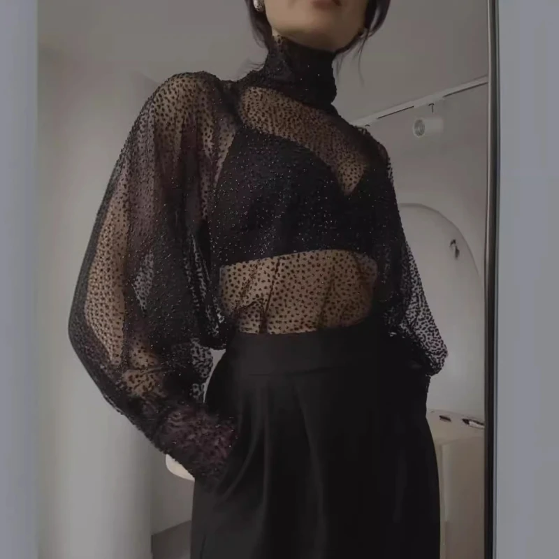 Женская прозрачная блузка с длинным рукавом и высоким воротником