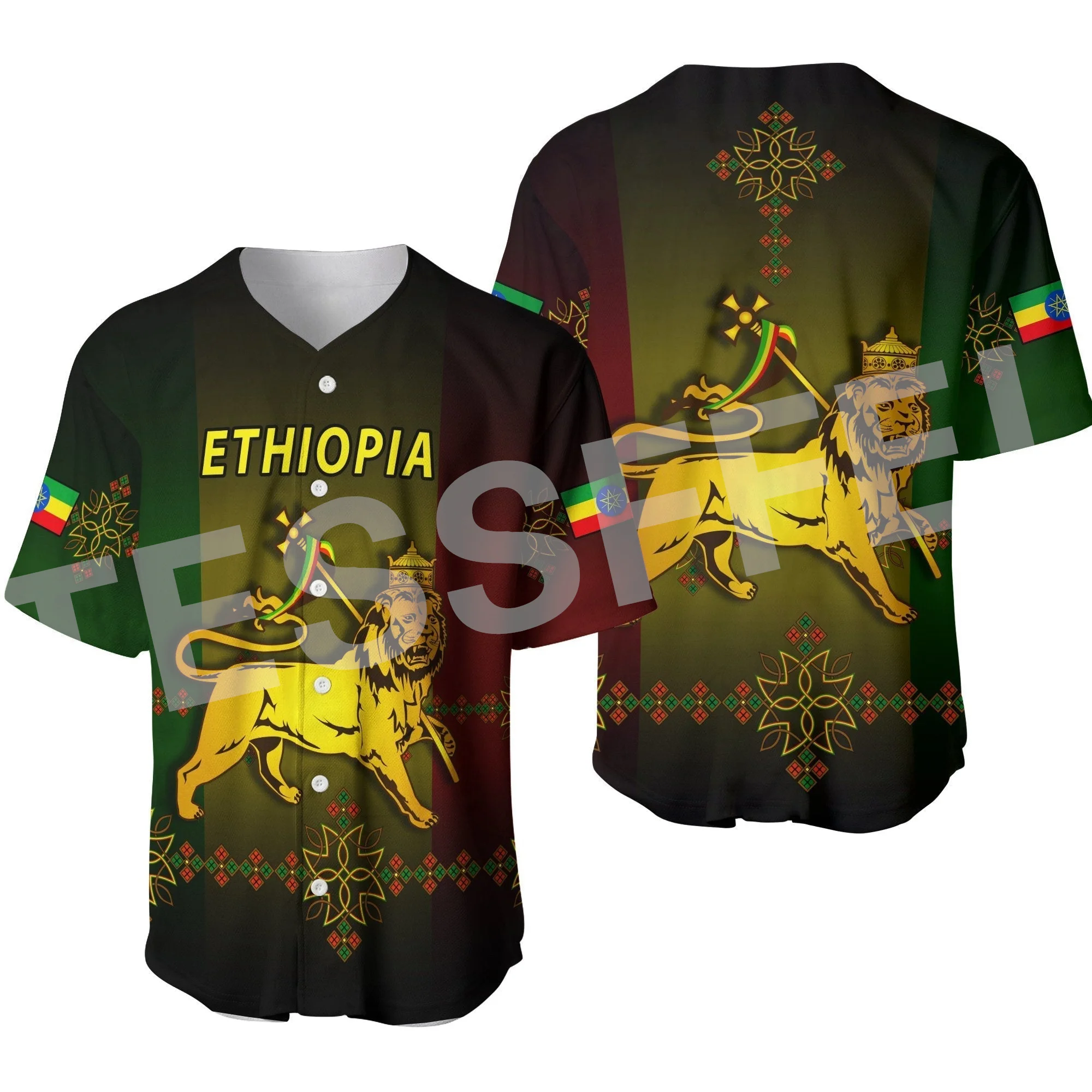 Africa County Flag Ethiopia Rasta Reggae Lion Tattoo 3DPrint Summer Harajuku Casual Funny Baseball Jersey Shirts Short Sleeves D