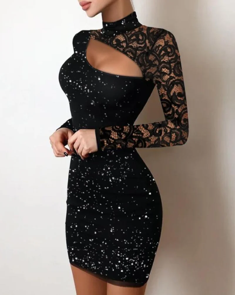 

Evening Dresses for Women 2022 New Elegant Sexy Party Wedding Guest Glitter Contrast Lace Cutout Long Sleeve Bodycon Mini Dress