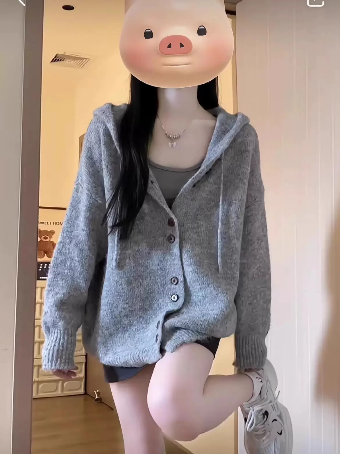 Gray Hood Sweater Cardigan Outerwear Women Autumn and Winter Korean Series Wear Oversize Idle Sle Knit Top