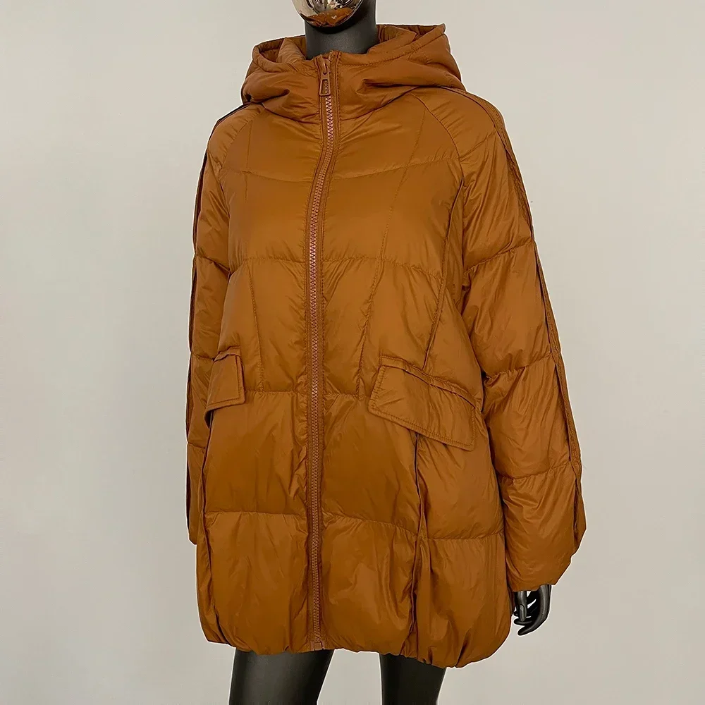 Женский пуховик с капюшоном свободная теплая куртка на белом утином пуху осень и