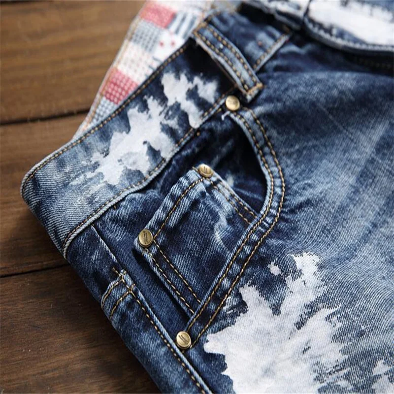 Autumn Winter new Straight jeans Men's pants embroidery National flag badge paint self-cultivation No bombs slim trousers blue