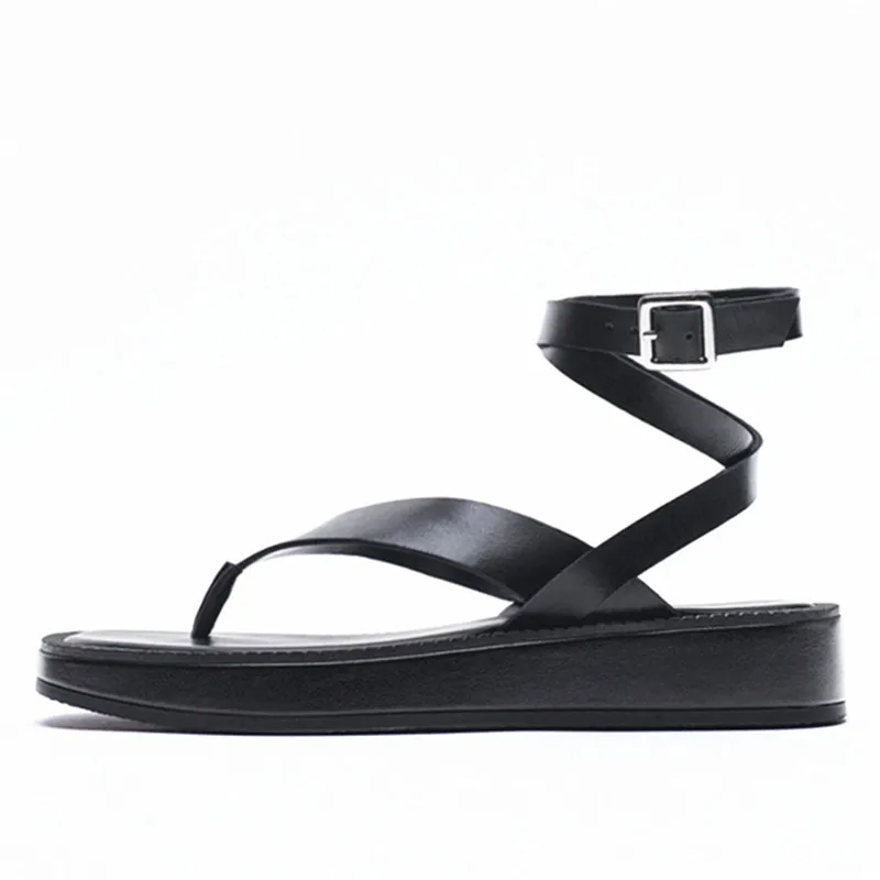 

Шлепанцы женские с ремешком на щиколотке, сандалии-гладиаторы, пляжная обувь на платформе, плоская толстая подошва, богемный стиль, черные, на лето