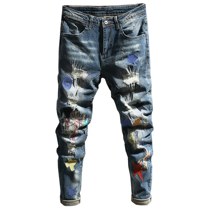 Fashion Designer Men Jeans Slim Fit Retro Blue Patched Ripped Jeans Men Trousers Embroidery Hip Hop Stretch Denim Pants Hombre