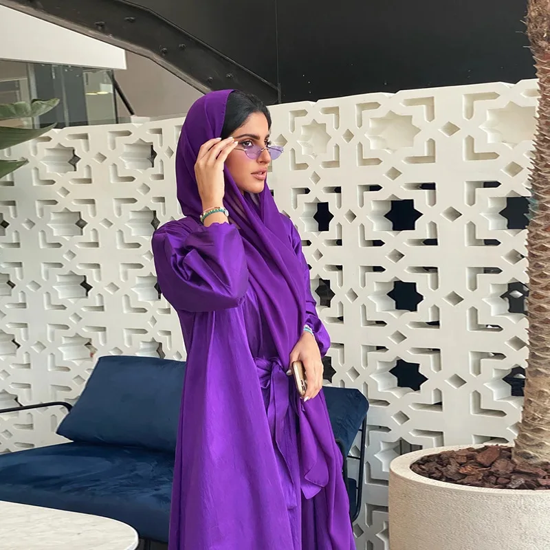 2pcs Fashionable Muslim Dubai Türkiye Arab Islamic Eid Al-Fitr Women's Comfortable Silk Dress Two-piece Set