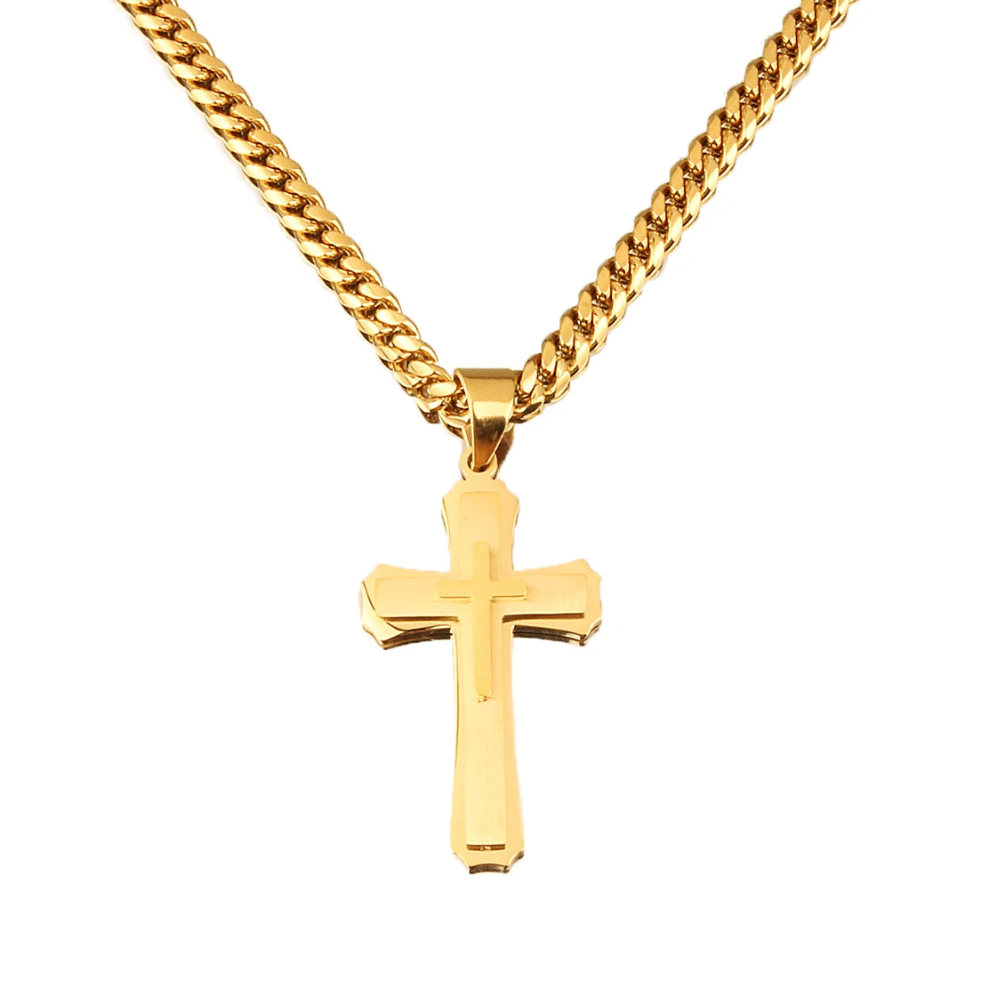 

Gold Color Cross Stainless Steel Pendants Necklaces 3mm 24inch Miami Long Chain Necklace for Men Women Cool Jewelry