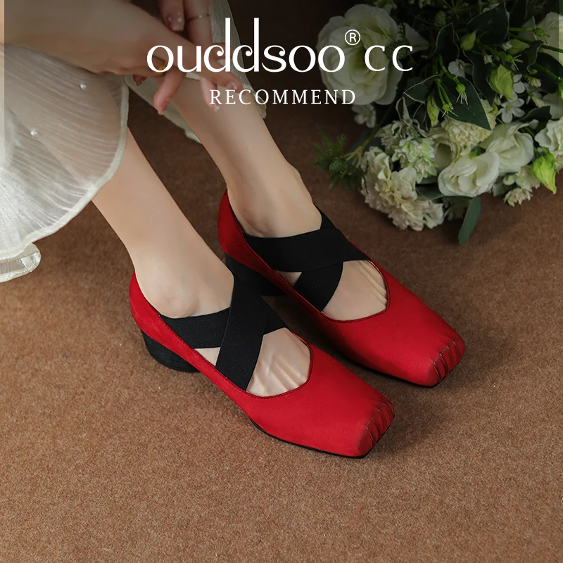 

ODS Sheepskin Pumps Slip On Vintage Women Basic Ballet Heels Square Toe Ladies Retro Shoes Cross-Tied Daily Walk Shoes Woman Red