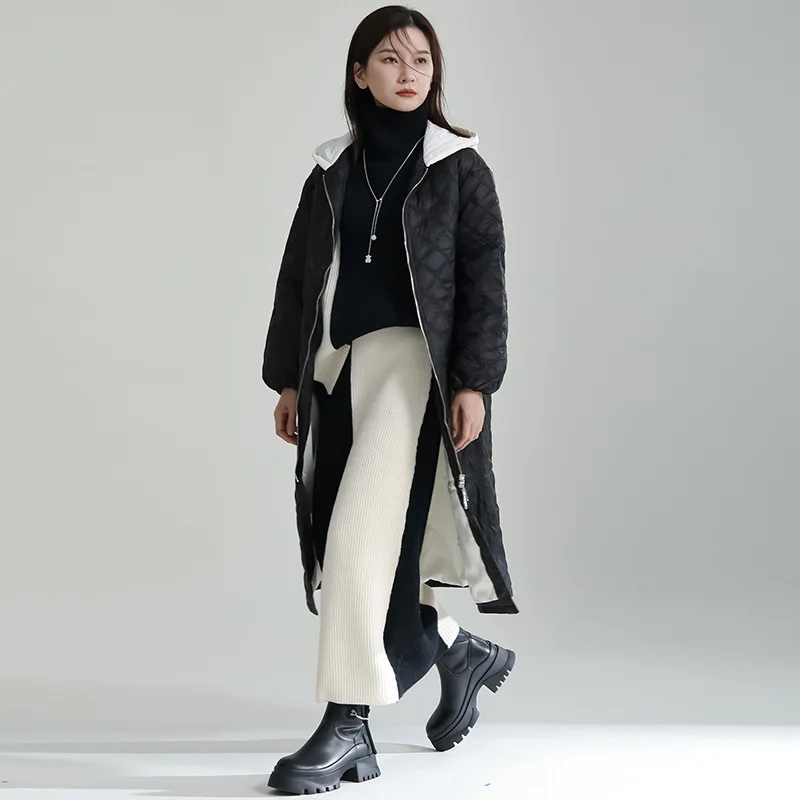 2022 Winter New Rhombus Hooded Down Jacket Collision Color In The Long Section of Thin Cotton Jacket Women