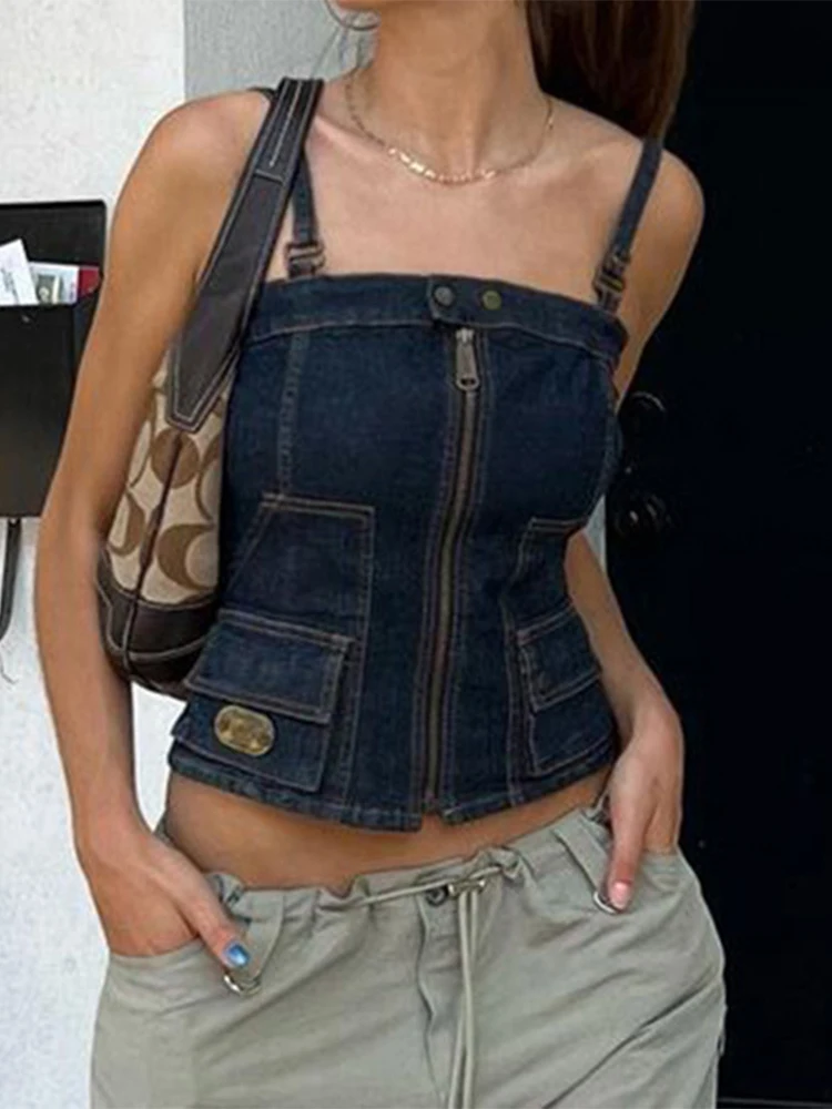 

Женская джинсовая майка на молнии, с карманами, в стиле Харадзюку