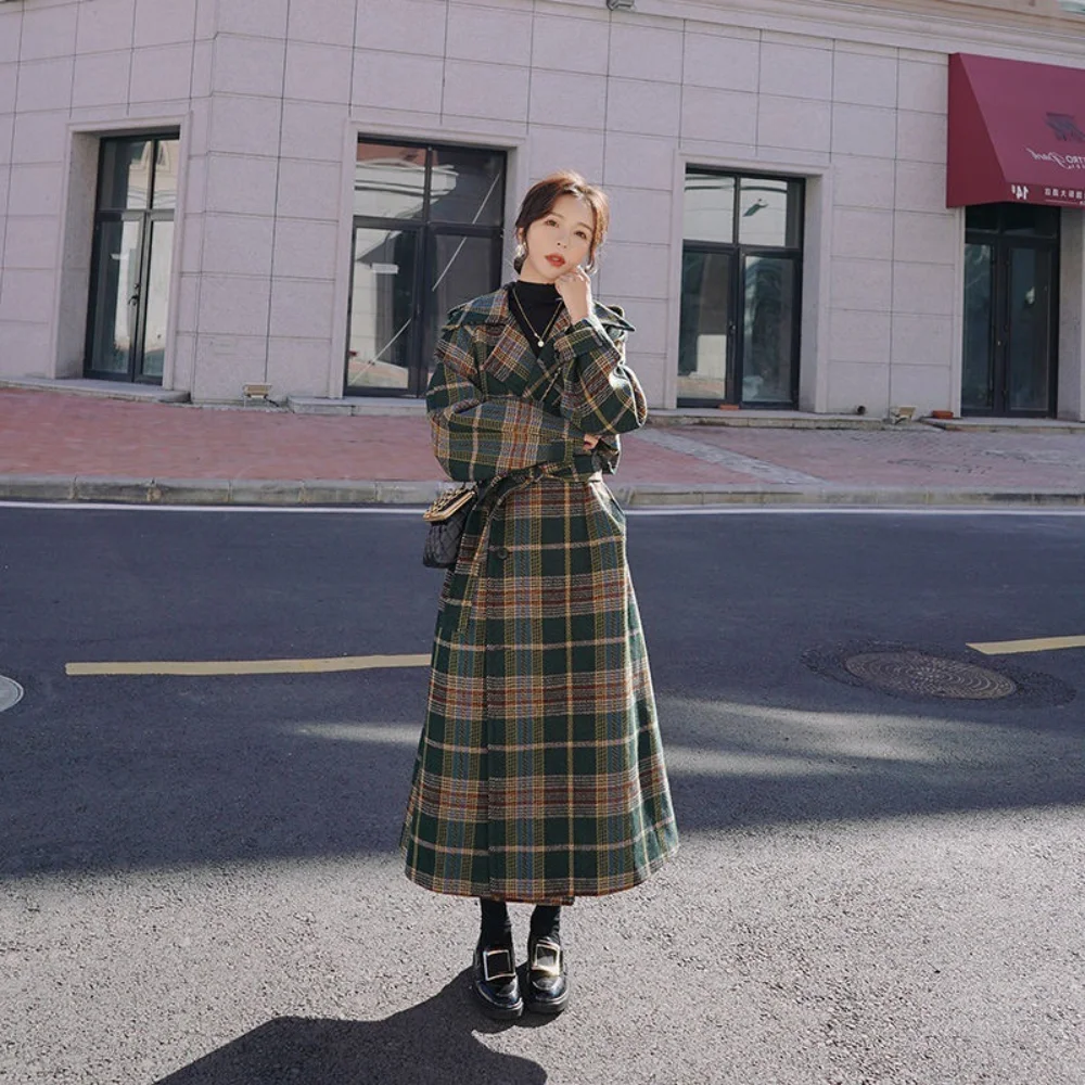 

Женское шерстяное пальто средней длины, клетчатая утепленная куртка средней длины до колен, Осень-зима 2022