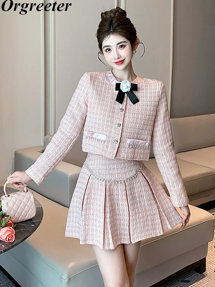 

Spring Fall Sweet Pink Conjuntos De Falda Korean Fashion Bow Short Jacket Coat + Pleated Skirt Suits 2 Piece Set Women Outfits