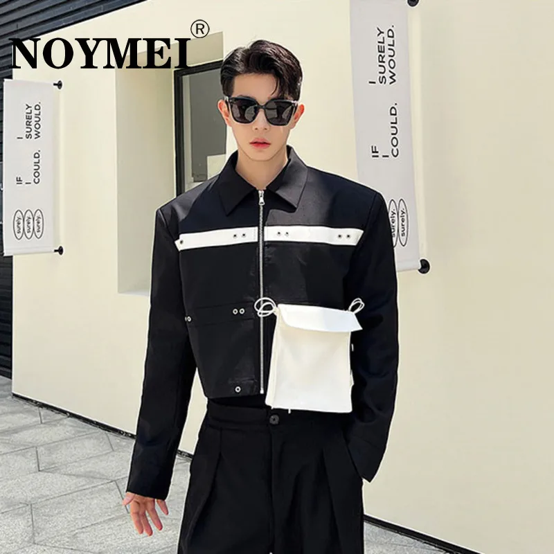 

NOYMEI Patchwork PU Leather Niche Design Big Pockets Contrast Color Men's Jacket Autumn Korean Style Chic Male Coat Tide WA2457