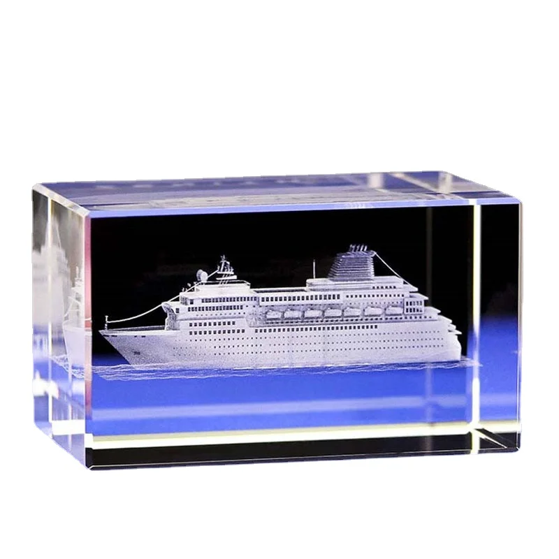 3D Carved  Boat Model  Crystal 3D Laser Engraved  Rectangles K9 Crystal Luxury Cruise Ship Model Sculpture White Souvenir Crafts