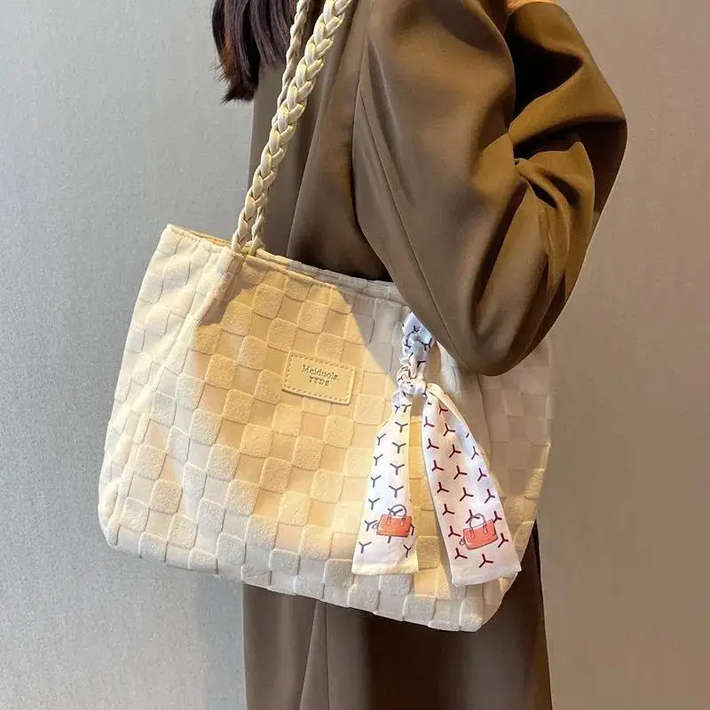 2023 New High Capacity Tote Bag Commuter Cute Women's Bag Premium Canvas Bag Casual Plaid Square Solid Color Shoulder Bag