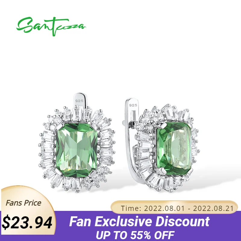 

SANTUZZA 925 Sterling Silver Earrings For Women Sparkling Octagon Green Stone White CZ Stud Earrings Gifts Party Fine Jewelry