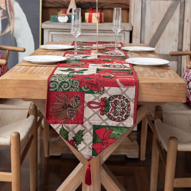 

Christmas Flower Table Runner Red Knitted Washable Tablecloth Dining Room Home 2024 New Year Party Rustic Holiday Decorations