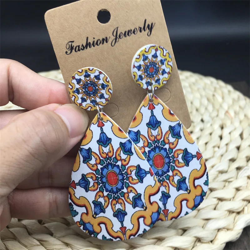 

Bohemian Geometric Earrings for Women Vintage Ethnic Wooden Sun Flower Water Drop Dangle Stud Earring Party Jewelry Accessoreis