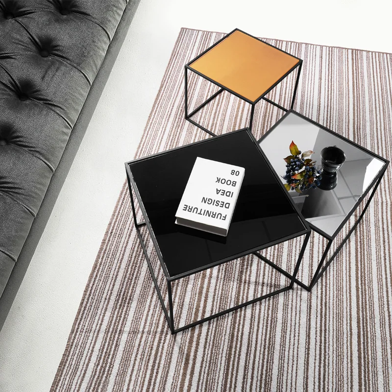 

Set of 3 Mirror Top Nesting Coffee Table End/Side Table Set In Black Steel Tube Black Glass [US Stock]