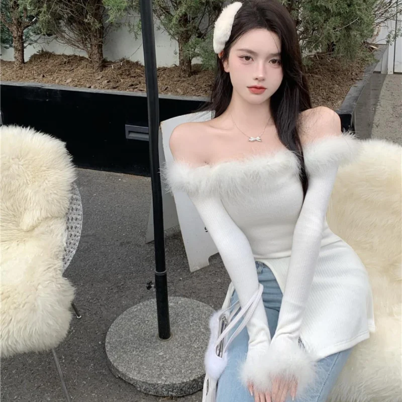 

Korean Fashion Knitwear Chic Slash Neck Furry Collar Waist Slit Long Sleeve Slim Top Female Cute Strapless Off Shoulder T-shirts