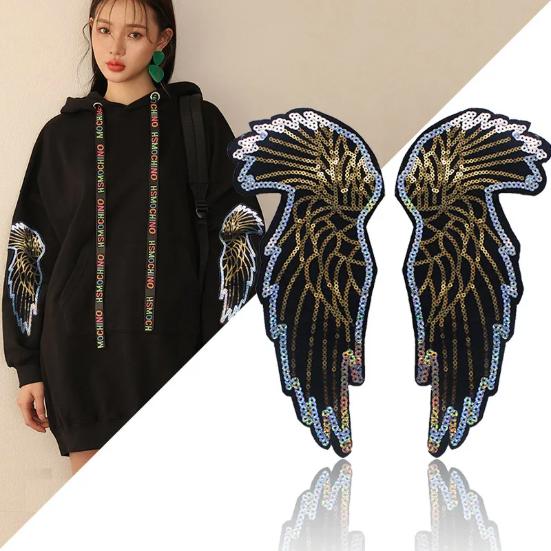 

25*12cm Big Sequined Wings Patches Biker Badge Embroidery Iron on Transfers for Cloth Diy Fabric Sequined Clorhing Stickers