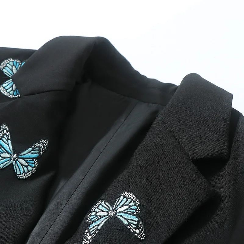 Black Butterfly Embroidery Blazer Women Mid Length Single Breasted Chic Suit 2021 Spring Autumn Star Style Blazer Street Fashion
