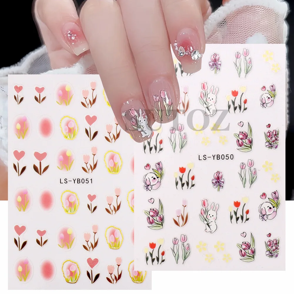 

1Pcs 3D New Tulip Flower Nail Sticker Pink Heart Flower Rabbit Slider Kawaii Design Art DIY Self Adhesiv Decor Manicure