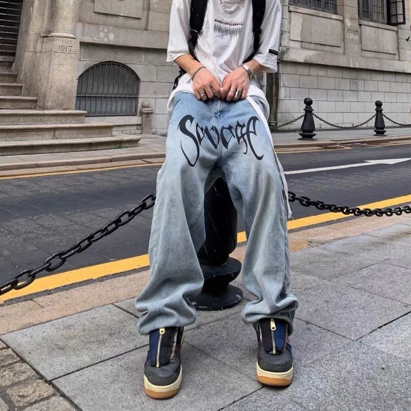 European and American Street Hip Hop Jeans Men's Loose Retro Long Pants Personality Falling Wide Leg Mop Pants