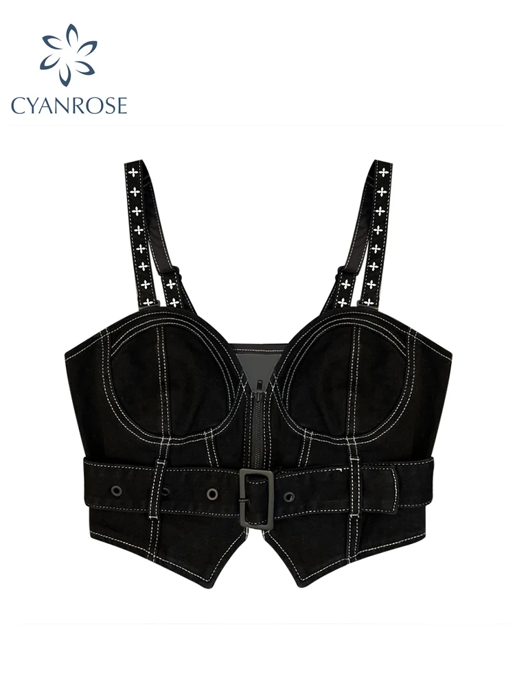 Майка женская джинсовая без рукавов пикантный Черный винтажный укороченный топ