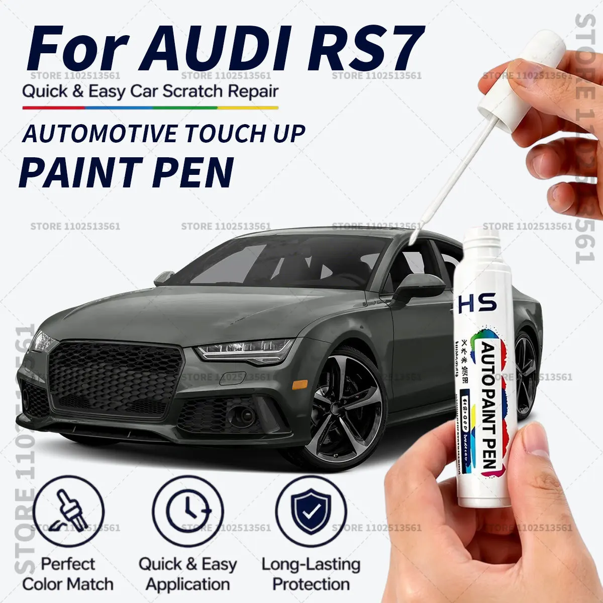 Фото Карандаш для подкраски AUDI RS7: черный Brilliant Black, серый Daytona Gray, белый Glacier White, белый Arkona White, серебристо-красный. Инструмент для ремонта царапин на автомобиле. №1