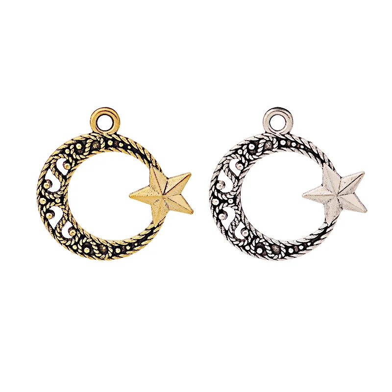 

10 x Tibetan Silver/Gold Color Crescent Moon and Star Charms Pendants for Necklace Earring Jewelry Making 21x20mm