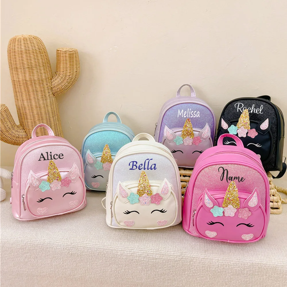 New Cute Cartoon Children Girls Backpack PU Outdoor Travel Light Backpack Personalized Embroidery Name Kids Gift Bag