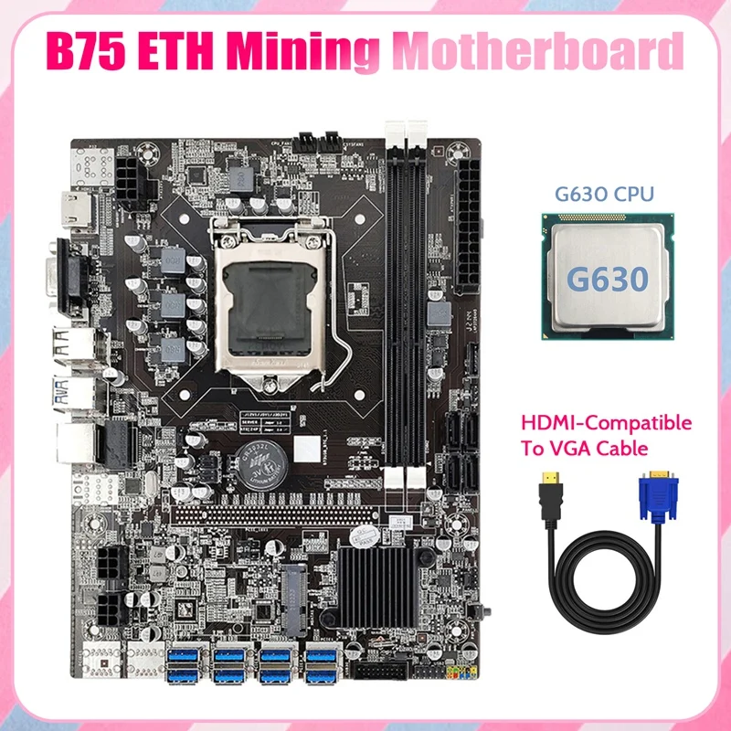 B75 ETH Mining Motherboard 8XPCIE USB Adapter+G630 CPU+HD To VGA Cable LGA1155 MSATA DDR3 B75 USB Miner Motherboard