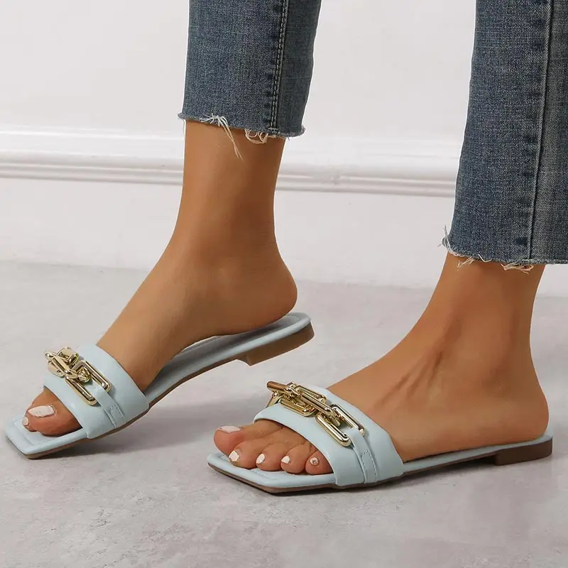 PU Leather Women's Square Flat Shoes Summer Fashion Chain Flip Flops Female Open Toe Luxury Slippers Girls Casual Slides Sandals