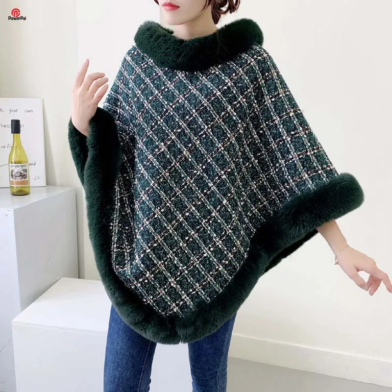 

Fashion Knit Plaid Faux Rex Rabbit Fur Poncho Coat Women Winter Warm Loose Pullover Cape Thick Lining Cloak Sweater