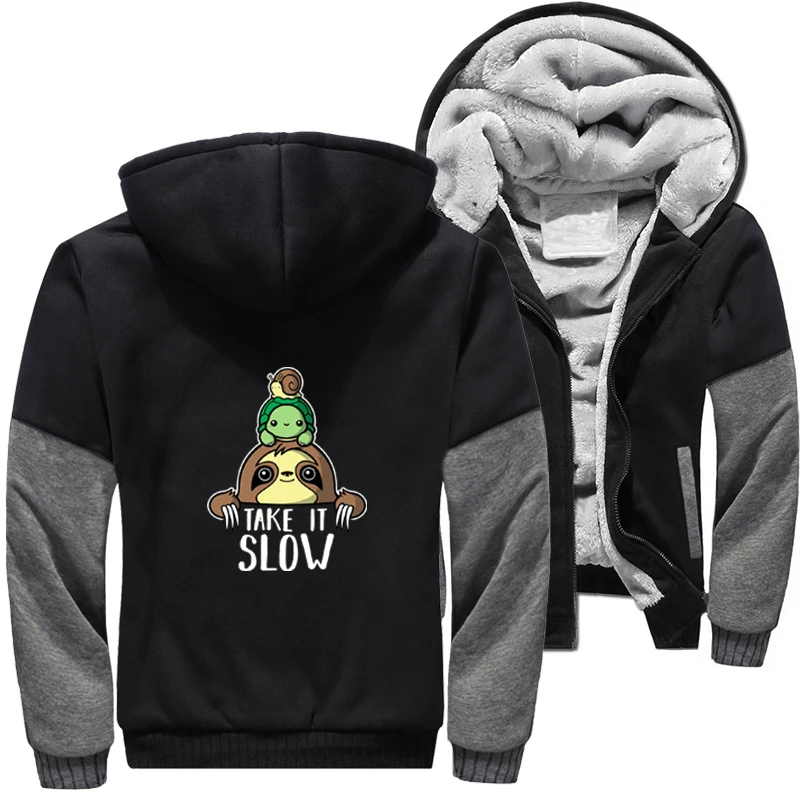 

Take It Slow Tortoise Snail Sloth Funny Animal Jackets Streetwear Hip Hop Thicken Winter Jacket Men Warm Fleece Sweatshirts Coat
