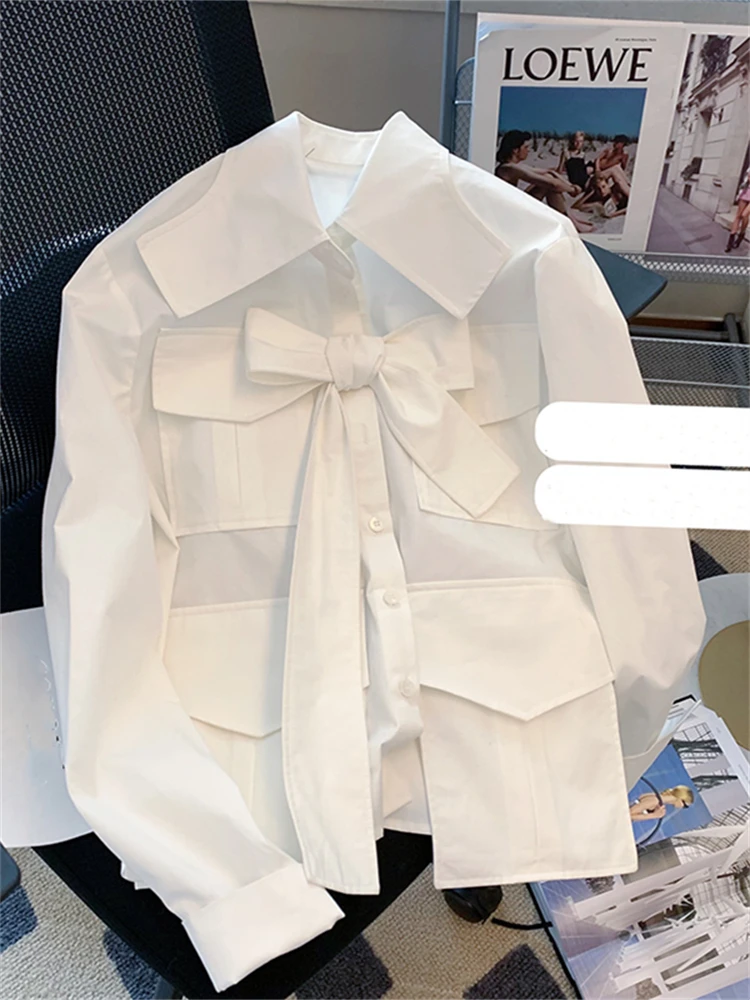 

Bowknot Long-sleeved White Shirt Women's Spring New Retro Hong Kong Style Chic Commute Design Multi-pocket Tie Blouse Female