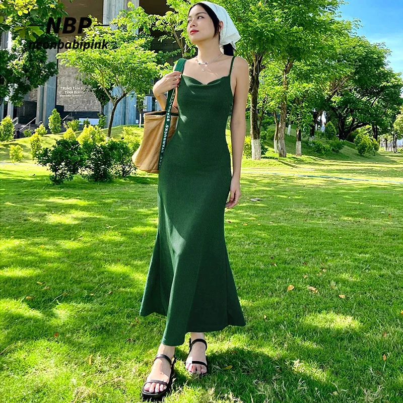 

NEONBABIPINK пикантное длинное платье с открытой спиной 2022 женская летняя курортная одежда однотонные ребристые вязаные облегающие платья