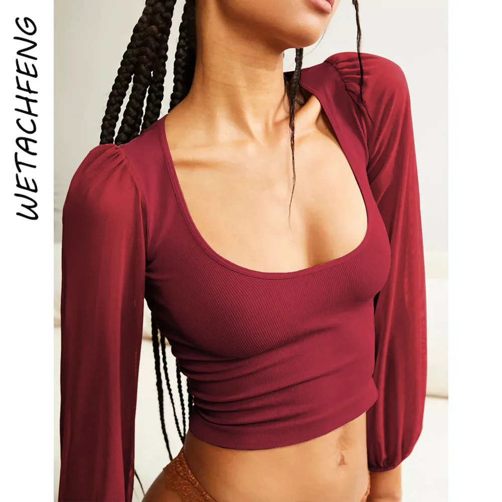 

Solid Perspective Long Lantern Sleeve Knitted Ribbed France Silm Elegant Women Bloouses Autumn Winter Fashion Crop Tops Shirts